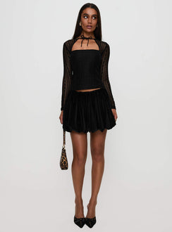   front view of model wearing Princess Polly Georgiana Bubble Hem Mini Skirt Black Mini Skirts 