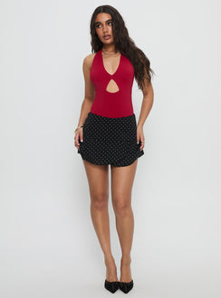 front view of model wearing Princess Polly Sugarberry Cut Out Bodysuit Red Sleeveless 