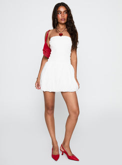 front view of model wearing Princess Polly Anemone Bubble Hem Mini Dress White Straight Neck 