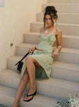   side view of model wearing Princess Polly Pappilion Asymmetrical Midi Skirt Sage 