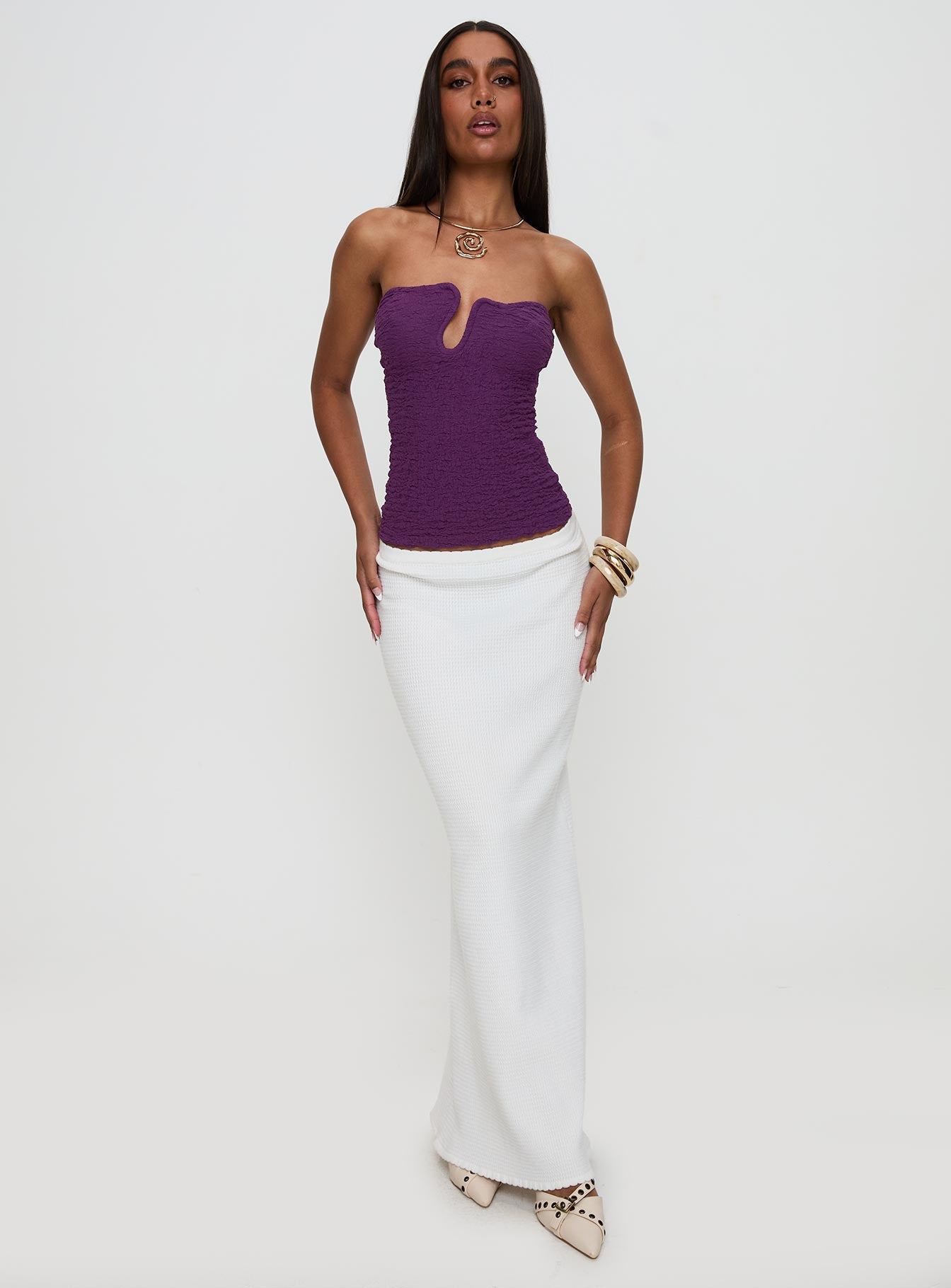 front view of model wearing Princess Polly Secret Moments Strapless Top Purple Sleeveless Plunger 