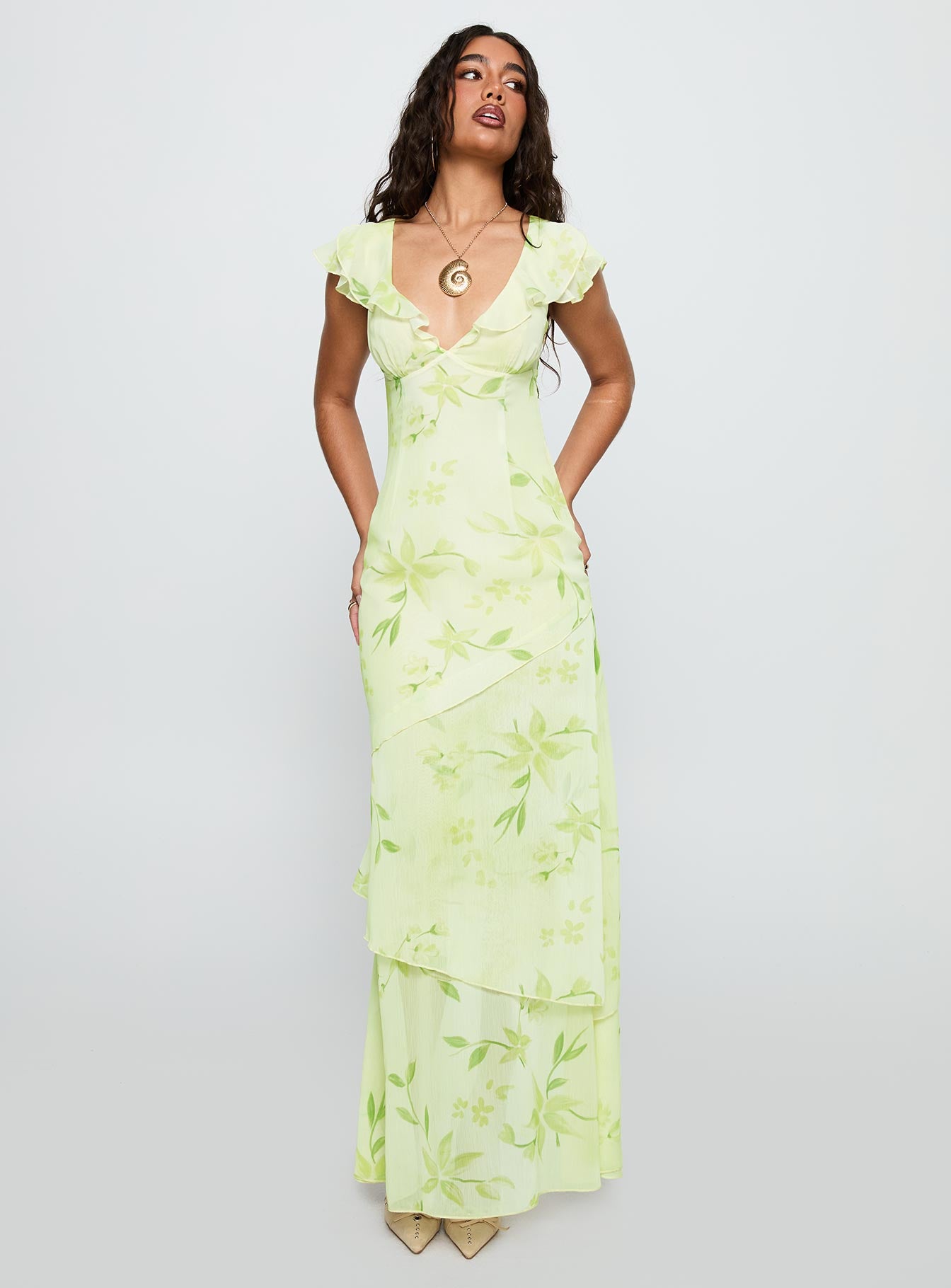 front view of model wearing Princess Polly Been Away Frill Maxi Dress Green Multi Plunger 
