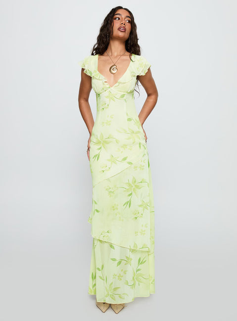 front view of model wearing Princess Polly Been Away Frill Maxi Dress Green Multi Plunger 