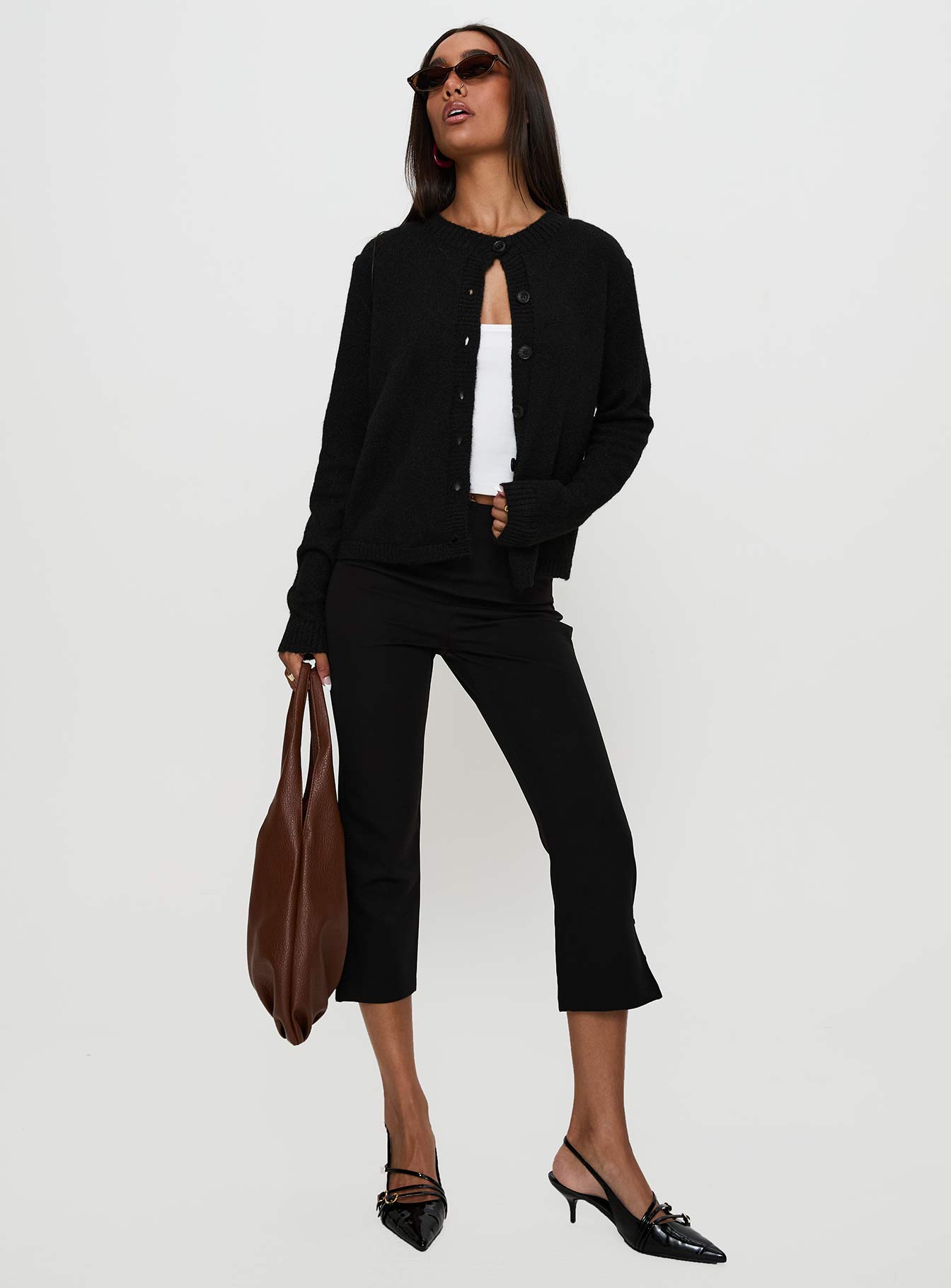 front view of model wearing Princess Polly Denmark Cardigan Black Cropped 