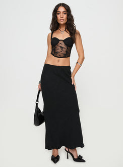 side view of model wearing Princess Polly Phases Corset Top Black Sleeveless Sweetheart 