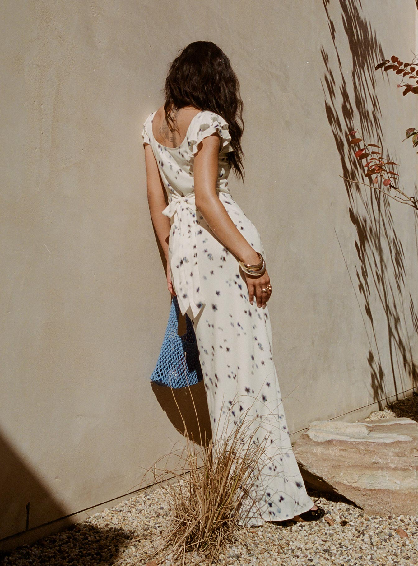 back view of model wearing Princess Polly Jontee Bias Cut Maxi Dress Cream Floral Square Neck 