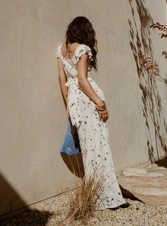 back view of model wearing Princess Polly Jontee Bias Cut Maxi Dress Cream Floral Square Neck 
