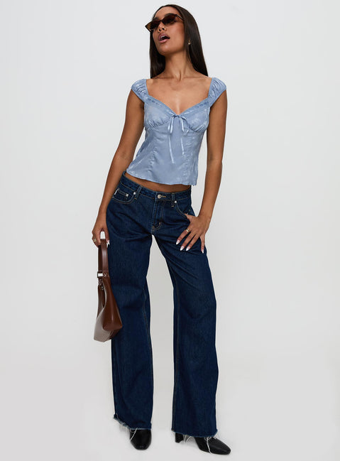 back view of model wearing Princess Polly Branwen Cap Sleeve Tie Detail Top Blue Floral Sleeveless Sweetheart 