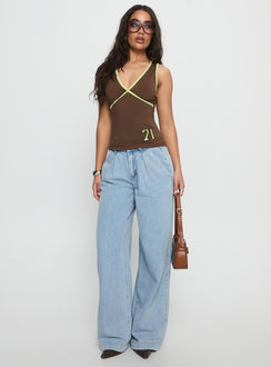 front view of model wearing Princess Polly Siloh Wide Leg Denim Jeans Blue Mid Rise Jeans 