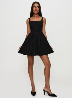 front view of model wearing Princess Polly Martie Mini Dress Black Square Neck 