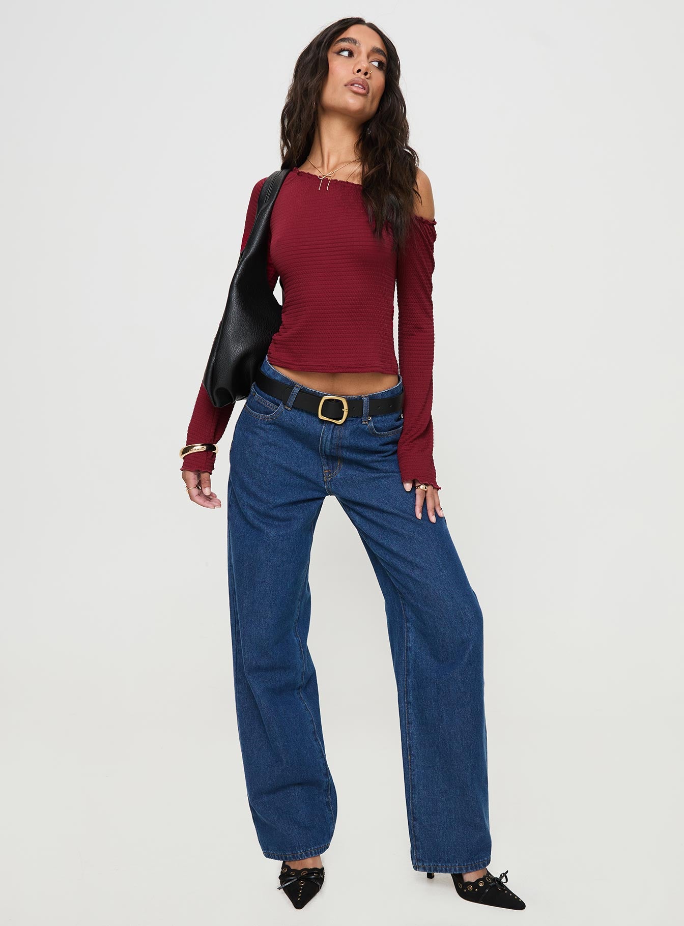 Opulent One Shoulder Top Maroon Full Sleeves Asymmetric Neckline 