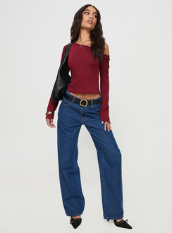 Opulent One Shoulder Top Maroon Full Sleeves Asymmetric Neckline 