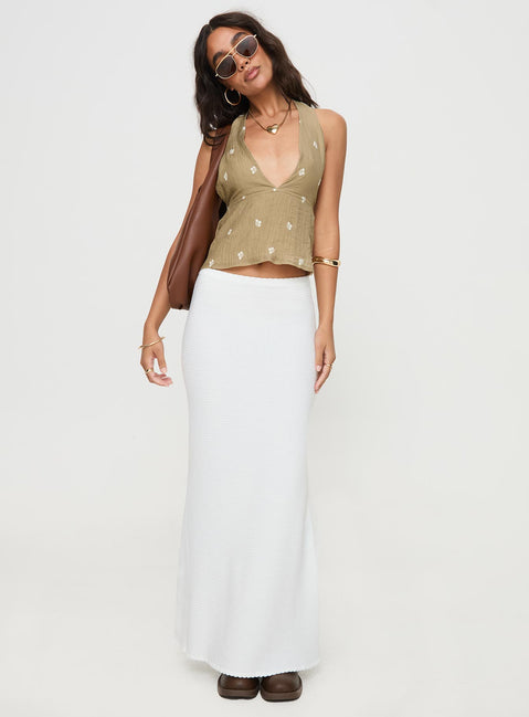 side view of model wearing Princess Polly Zachariah Halter Top Brown Sleeveless Plunger 