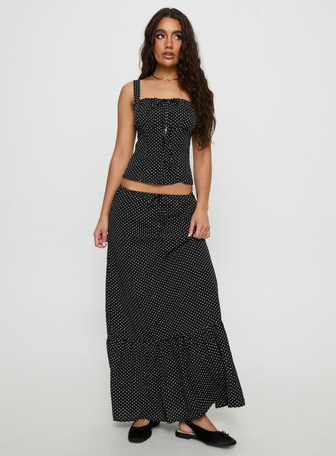   front view of model wearing Princess Polly Modern Girl Maxi Skirt Black / Polka Dot 