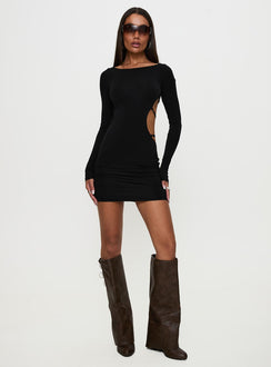 front view of model wearing Princess Polly Rowin Long Sleeve Cut Out Mini Dress Black Scoop Neck 