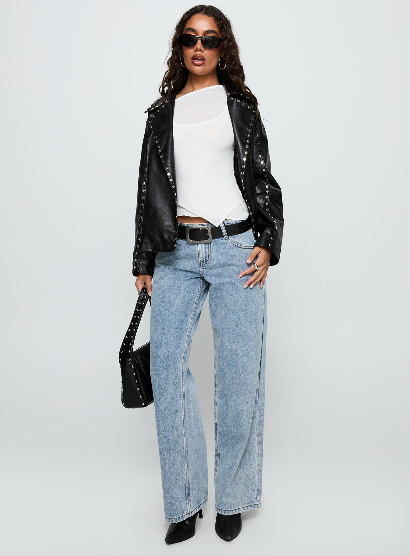 Kaeden Faux Leather Stud Detail Biker Jacket Black