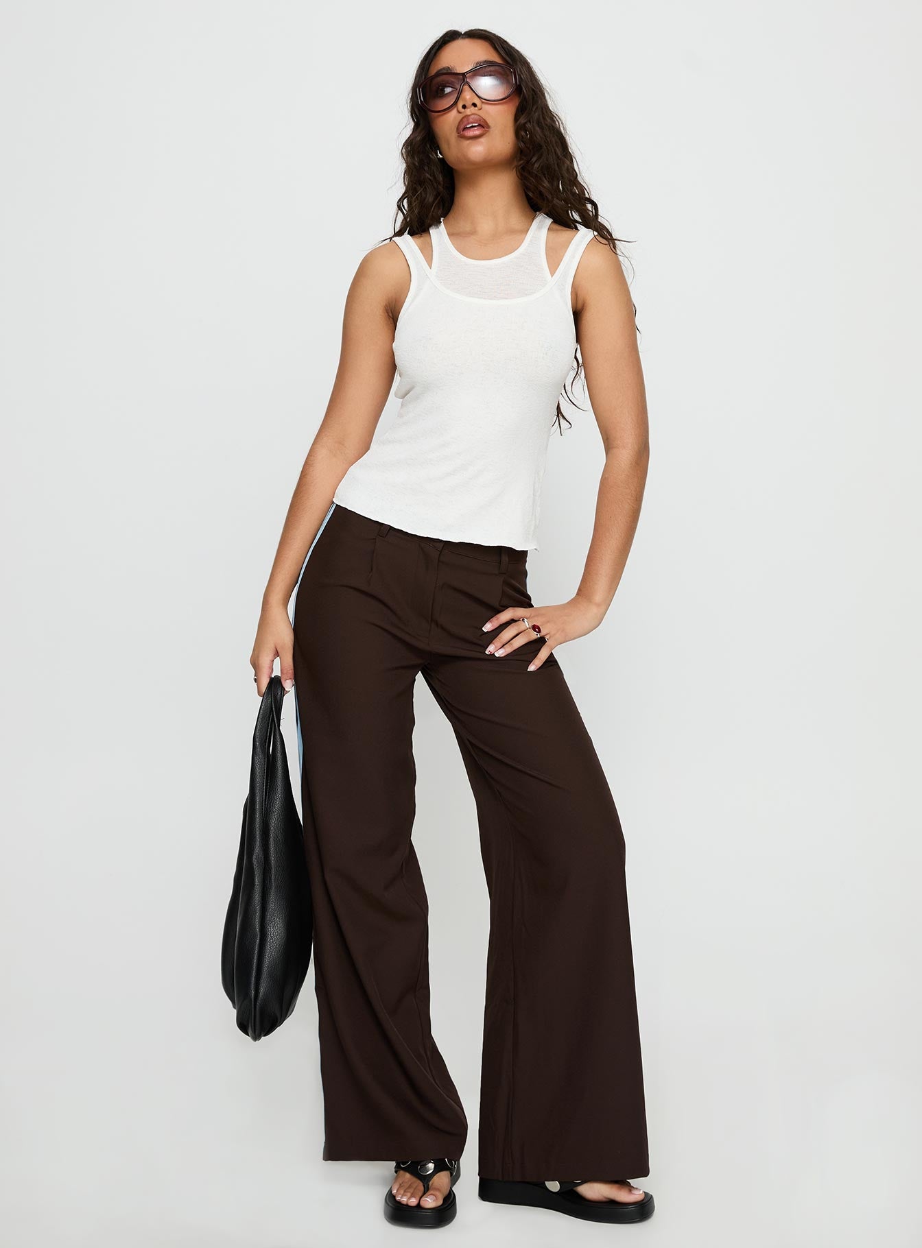 front view of model wearing Princess Polly Wendi Tipping Suit Pant Brown / Blue Mid Rise Pants 