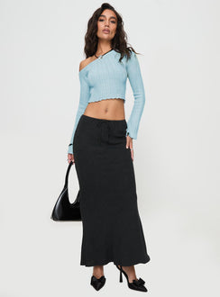 back view of model wearing Princess Polly Santorini Knit Top Blue Full Sleeves Asymmetric Neckline 