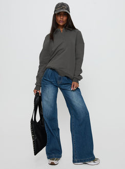 back view of model wearing Princess Polly Back Around Collared Fleece Jumper Slate 