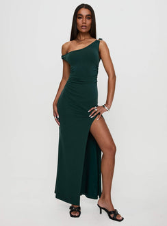 front view of model wearing Princess Polly Rios One Shoulder Maxi Dress Green Scoop Neck 