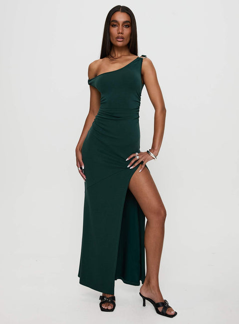 front view of model wearing Princess Polly Rios One Shoulder Maxi Dress Green Scoop Neck 
