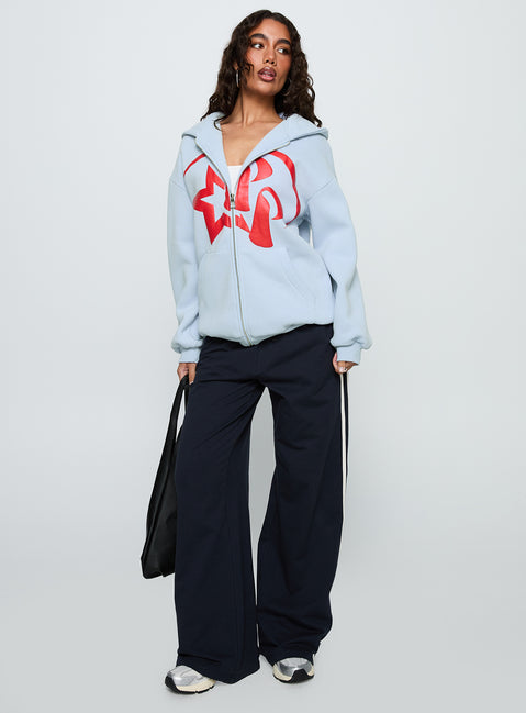 front view of model wearing Princess Polly Starblazer Zip Up Graphic Hoodie Blue / Red Long 