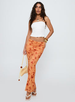   side view of model wearing Princess Polly Shepherd Maxi Skirt Orange Multi Maxi 