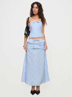   front view of model wearing Princess Polly Carmino Maxi Skirt Blue Check Midi Skirts 