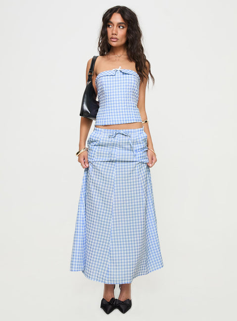   front view of model wearing Princess Polly Carmino Maxi Skirt Blue Check Midi Skirts 