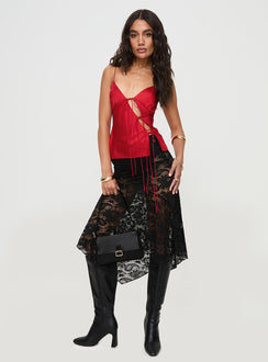 front view of model wearing Princess Polly Mariah Cami Red Sleeveless Plunger 