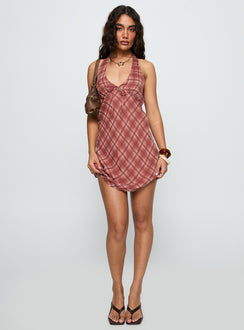 front view of model wearing Princess Polly Laraline Halter Mini Dress Red Check Plunger 