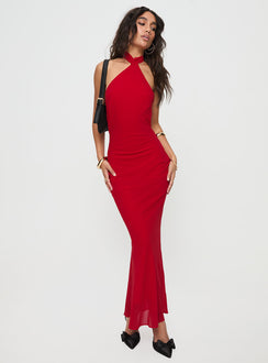 back view of model wearing Princess Polly Abriela Maxi Dress Red High Neck 