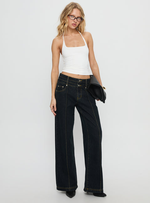 front view of model wearing Princess Polly Hannalee Low Rise Wide Leg Cargo Jeans Grunge Wash Low Rise Jeans 