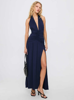 Diona Halter Ruched Maxi Dress Navy