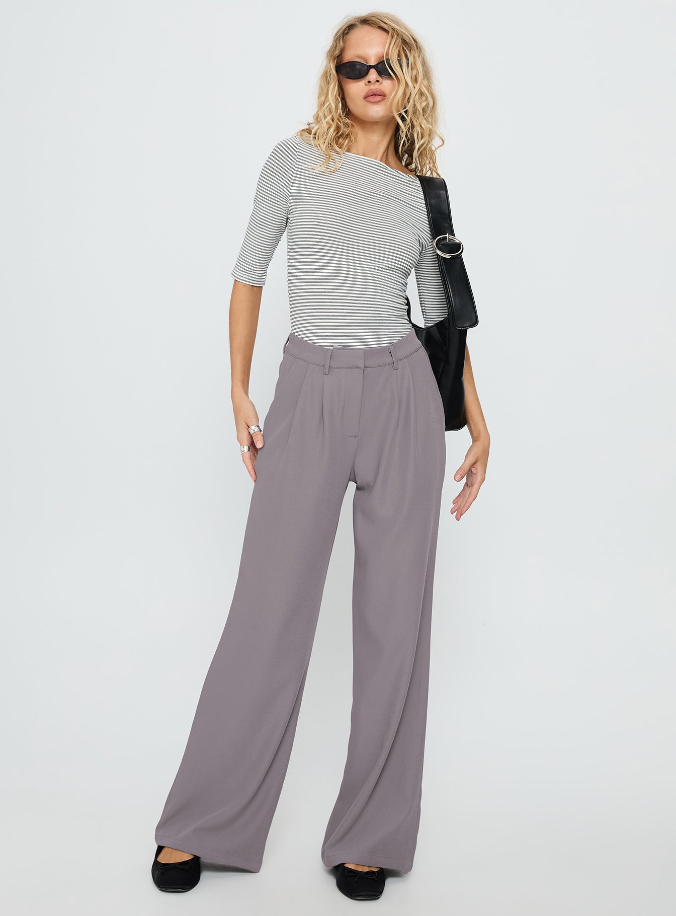front view of model wearing Princess Polly Ambient Wide Leg Pant Grey High Waisted Pants 