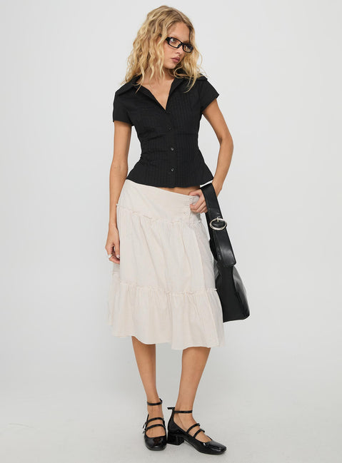   side view of model wearing Princess Polly Cascades Low Rise Midi Skirt Beige / White Stripe Midi Skirts 