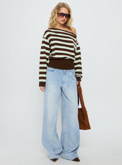 front view of model wearing Princess Polly Zinia Off Shoulder Knit Sweater Brown / Blue Stripe Cropped 
