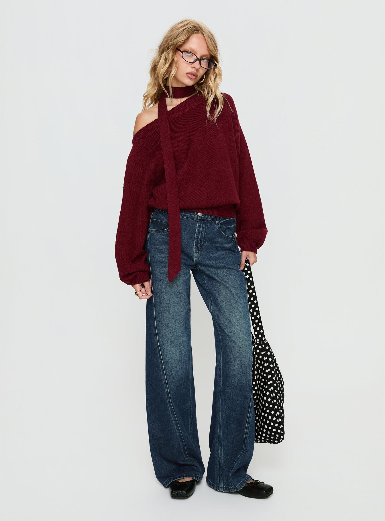 Ruthi Scarf Off Shoulder Knit Sweater Burgundy