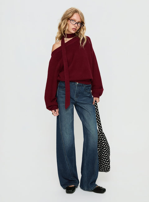 Ruthi Scarf Off Shoulder Knit Sweater Burgundy