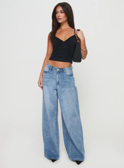 front view of model wearing Princess Polly Perseus Top Black Sleeveless V-Neck 