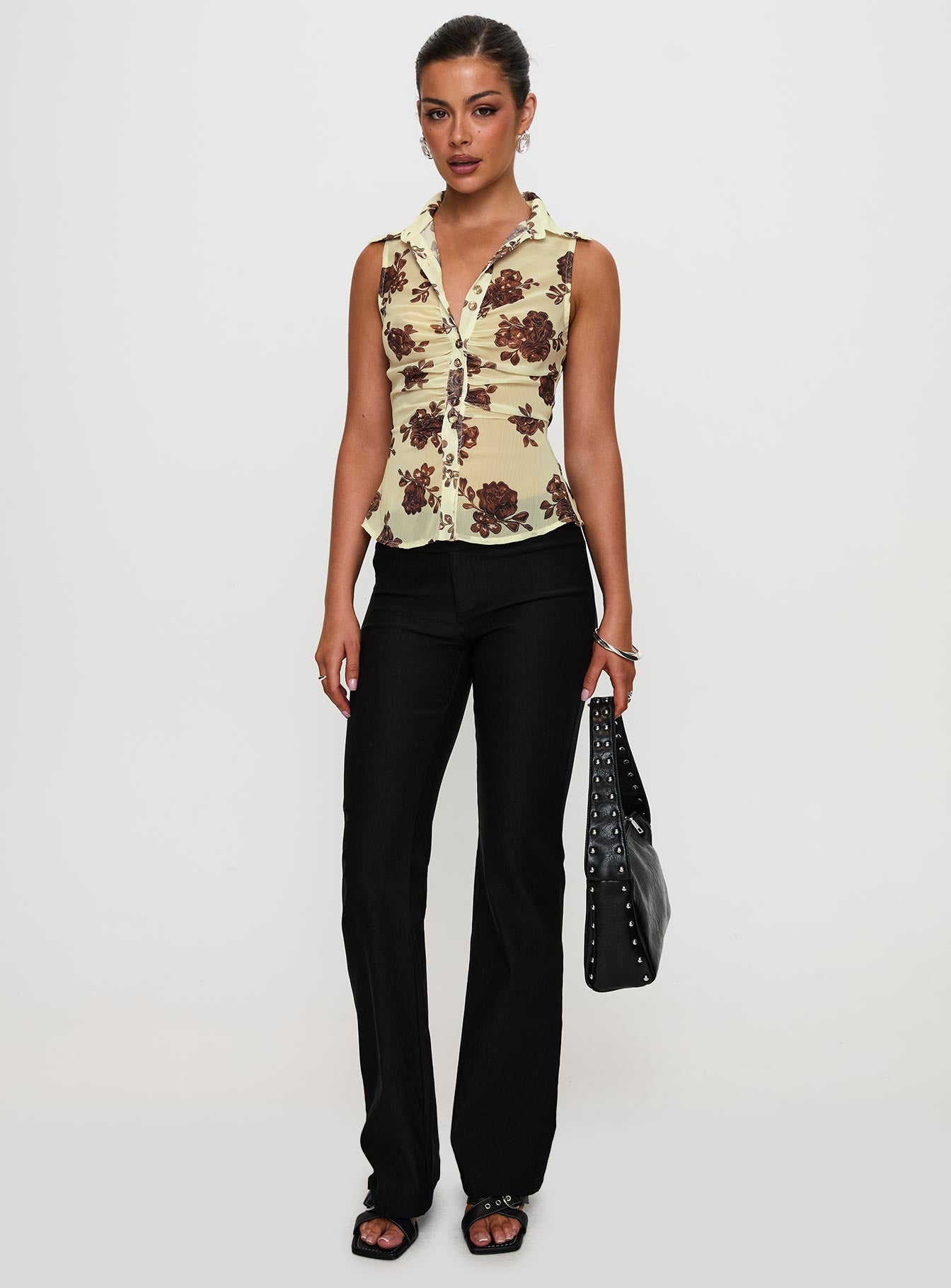 front view of model wearing Princess Polly Present Tense Sheer Ruched Top Yellow Floral Sleeveless V-Neck 