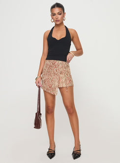   front view of model wearing Princess Polly Gossamer Mini Wrap Skirt Brown Zebra Mini Skirts 
