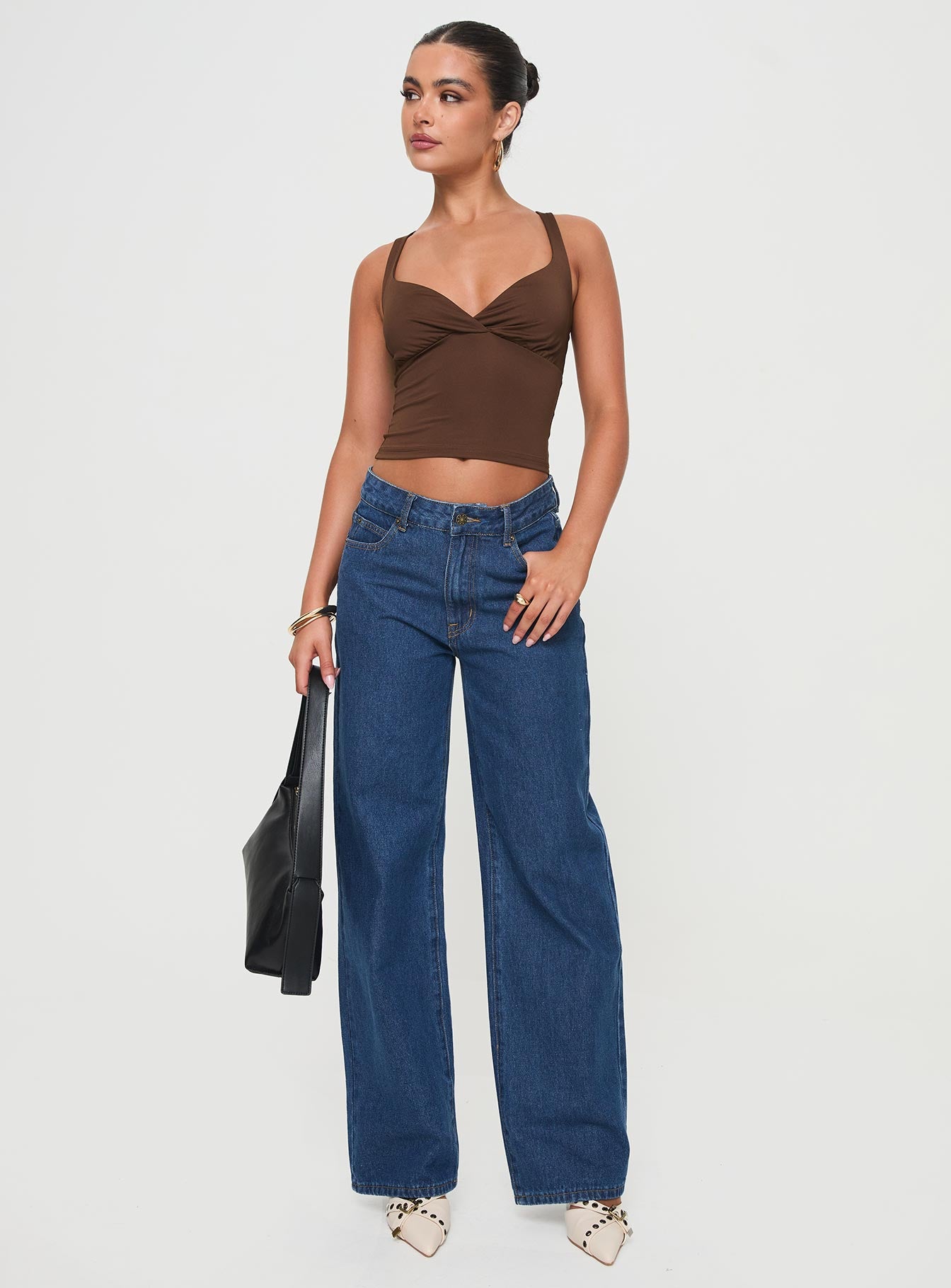 side view of model wearing Princess Polly Wandella Tank Brown Sleeveless Sweetheart 