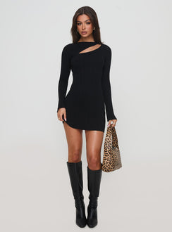 side view of model wearing Princess Polly Cookson Mini Dress Black High Neck 