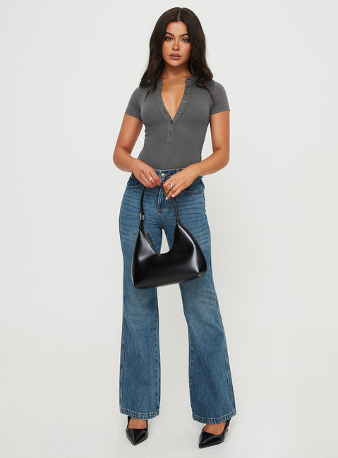 front view of model wearing Princess Polly Kandis Bodysuit Marle Grey Short Sleeves 