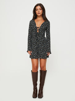 product Princess Polly Asymmetric Neckline  Malop Long Sleeve Mini Dress Black Floral