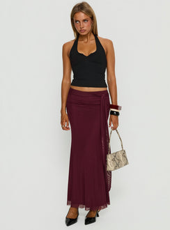   side view of model wearing Princess Polly Caviar Tie Maxi Skirt Currant Maxi Skirts 