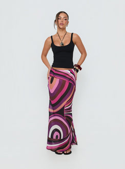 Introducing the Lucidia Maxi Skirt Pink Retro in womens-skirts featuring maxi length side view of model wearing Princess Polly