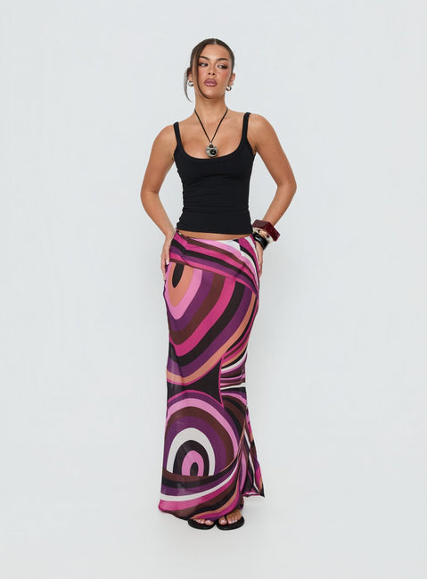 Introducing the Lucidia Maxi Skirt Pink Retro in womens-skirts featuring maxi length side view of model wearing Princess Polly