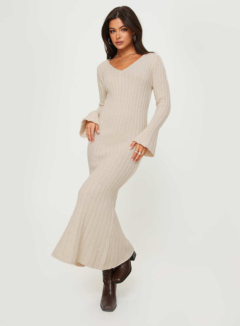 Front view of model wearing  front Princess Polly High Neck  Larne Long Sleeve Maxi Dress Beige